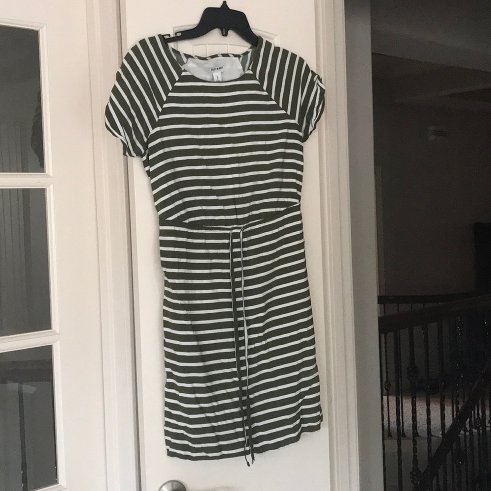 Green and white striped t-shirt dress